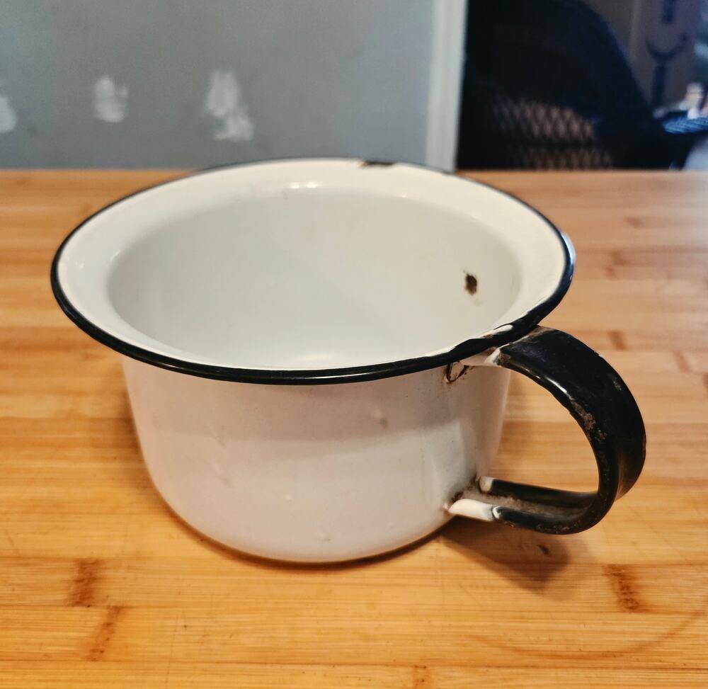 Antique Enameled Chamber Pot White Navy Flowerpot Display Country